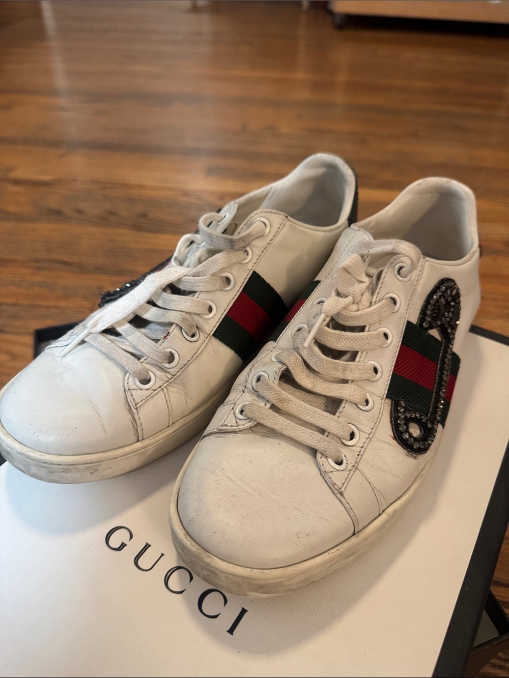 Gucci Womens White Leather Sneakers with Signature Web Stripe Size 37 (7 US)
